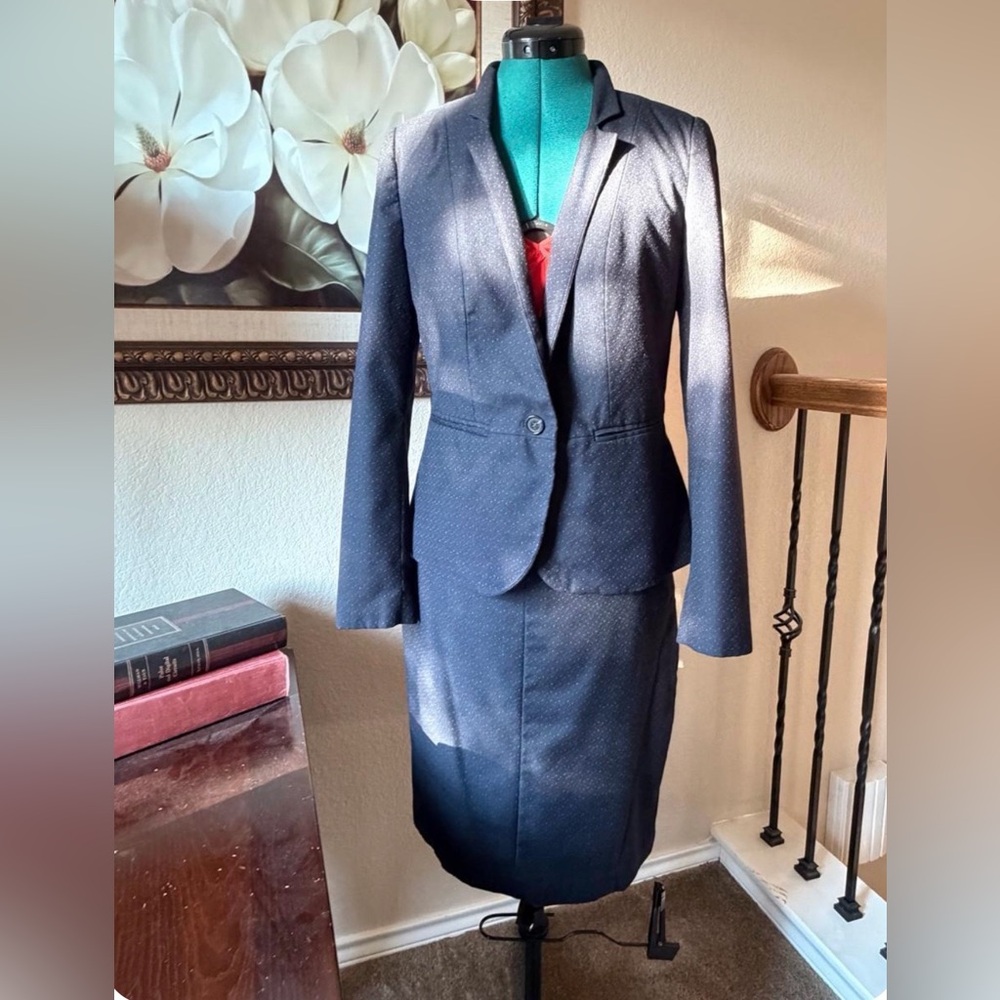 Classic Navy Pindot Women's Blazer and Skirt Suit